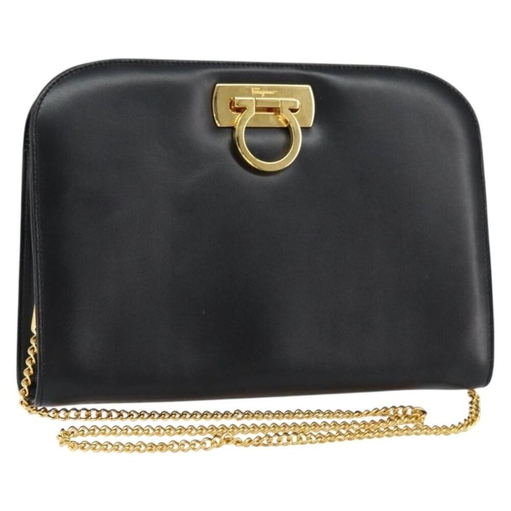 Authentic Salvatore Ferragamo Gancini Chain Shoulder Bag Leather Black Gold